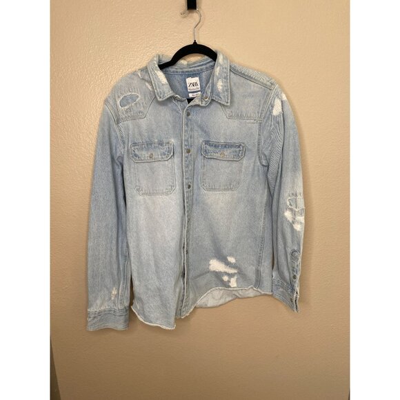 Zara Light Blue Distressed Denim Button-Up Shirt Relaxed‎ Fit L Cotton Jacket - Picture 1 of 6